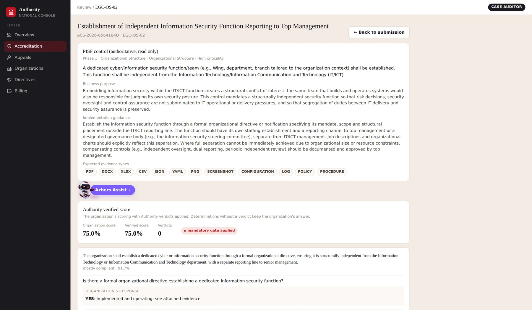 The Authority case auditor view in CyberNexus, with the authoritative PISF control text, expected evidence types, the organisation score beside the Authority verified score, and the organisation's response